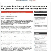 El importe de fusiones y adquisiciones aumenta un 7,86% en abril, hasta 5.080 millones de euros